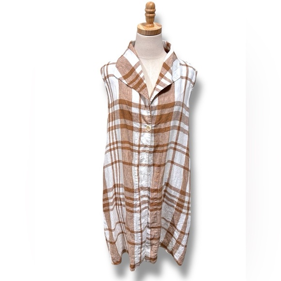Flax Tops - Flax Brown White Plaid 100% Linen Lagenlook Tunic Vest Size Medium